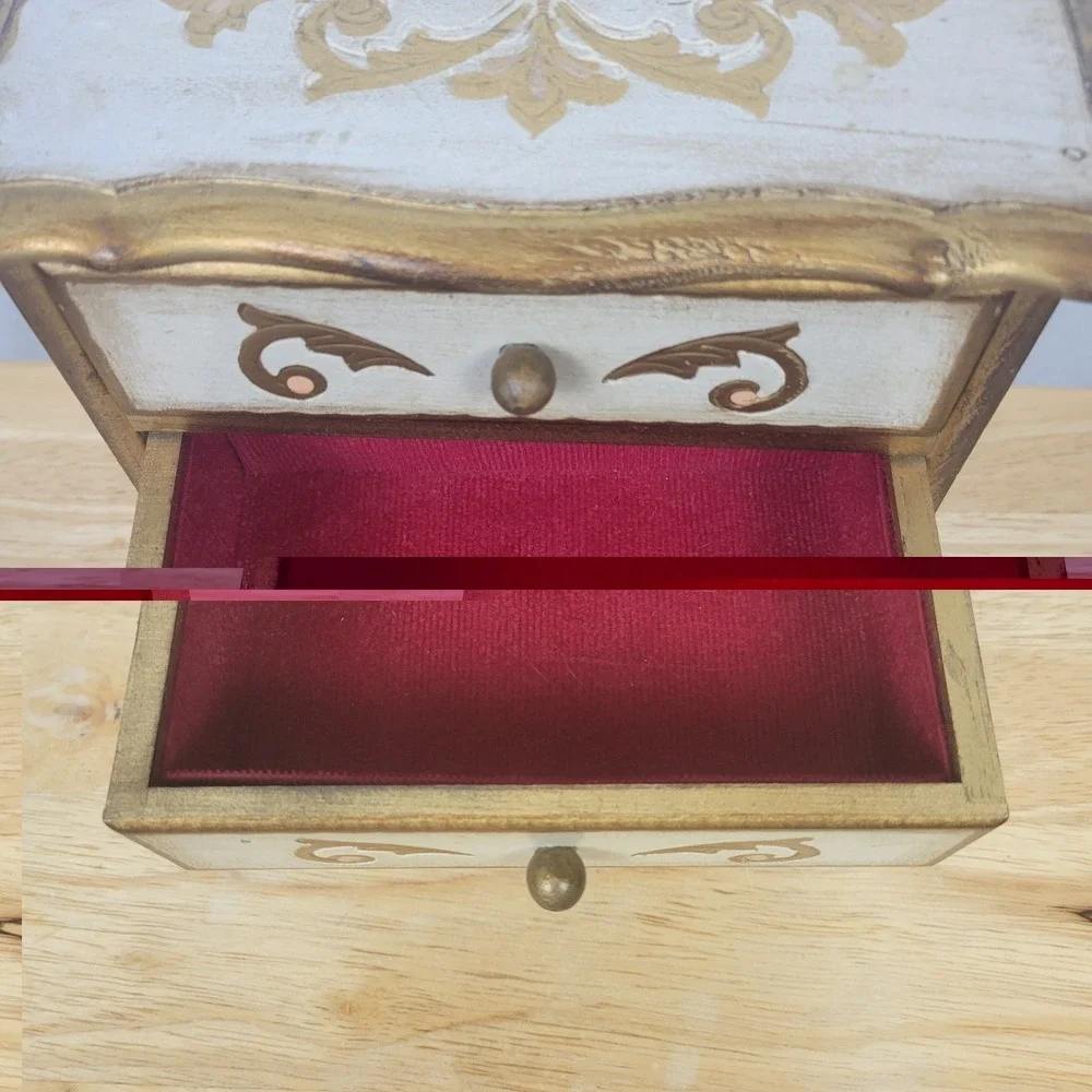 Vintage Florentine Musical Jewelry Box Gold Gilt Wood 3 Drawer Italian Style